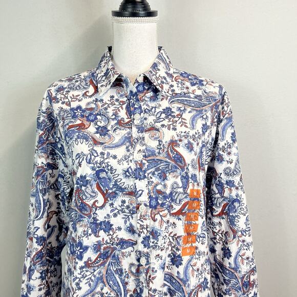 Gloria Vanderbilt Blouse Shirt size Medium Button Front Blue Red Paisley Western - Picture 2 of 8